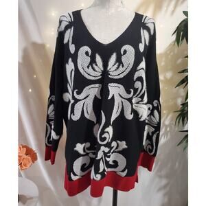 Chicos Womens Floral V-Neck Sweater Tunic Size 2 US L Split Hem Party Black